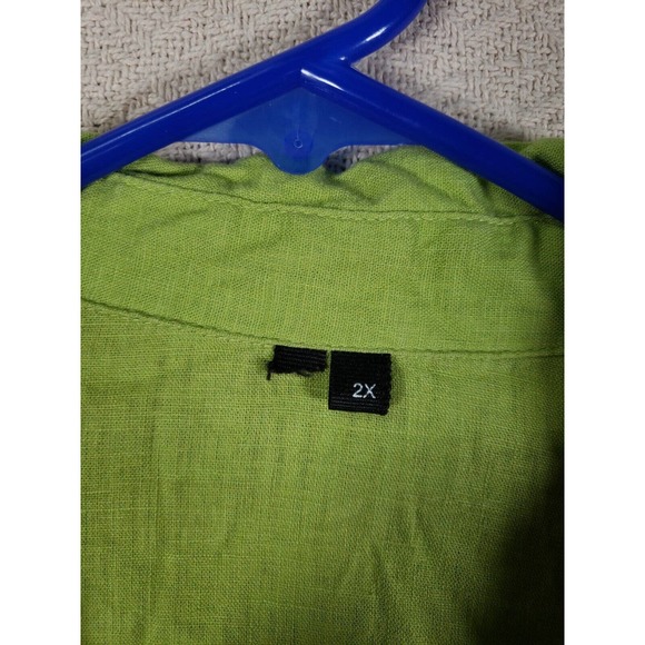 Linen Blend Shirt Womens 2X Green Roll Tab Sleeve Flap Pockets Button-Up - Picture 5 of 13